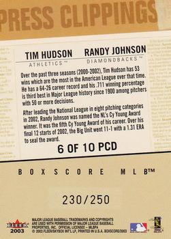 2003 Fleer Box Score - Press Clippings Dual #6 PCD Tim Hudson / Randy Johnson Back