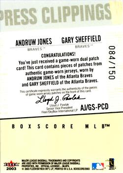 2003 Fleer Box Score - Press Clippings Dual Patch #AJ/GS-PCD Andruw Jones / Gary Sheffield Back