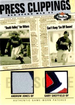 2003 Fleer Box Score - Press Clippings Dual Patch #AJ/GS-PCD Andruw Jones / Gary Sheffield Front