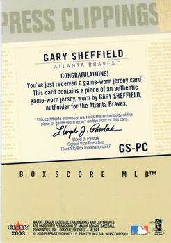2003 Fleer Box Score - Press Clippings Game-Worn #GS-PC Gary Sheffield Back