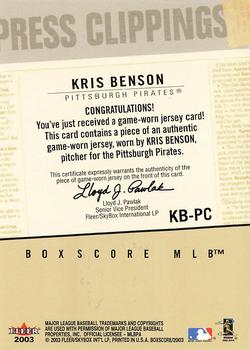 2003 Fleer Box Score - Press Clippings Game-Worn #KB-PC Kris Benson Back