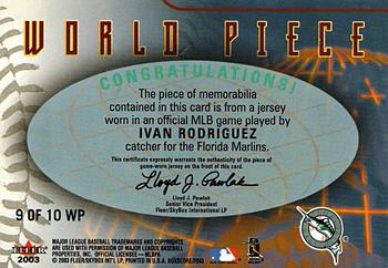 2003 Fleer Box Score - World Piece Game-Worn #9 WP Ivan Rodriguez Back