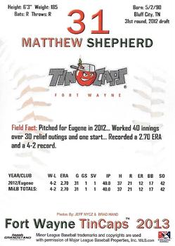 2013 Grandstand Fort Wayne TinCaps #NNO Matthew Shepherd Back