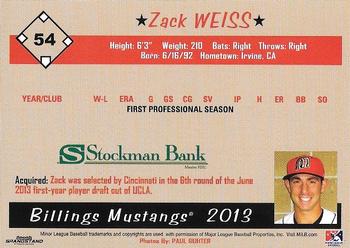 2013 Grandstand Billings Mustangs #NNO Zack Weiss Back