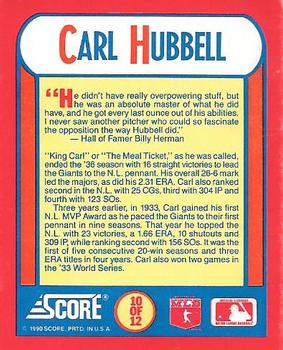 1990 Score 100 Superstars - The MVPs #10 Carl Hubbell Back