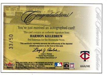 2003 Fleer Fall Classic - All-American Autographs (SN50) #AAA/HK Harmon Killebrew Back