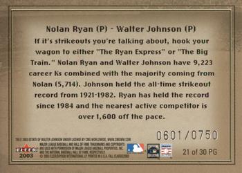 2003 Fleer Fall Classic - Postseason Glory #21 PG Nolan Ryan / Walter Johnson Back