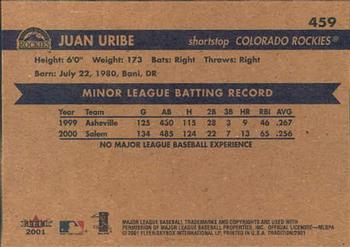 2001 Fleer Tradition #459 Juan Uribe Back