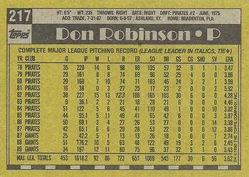1990 Topps #217 Don Robinson Back