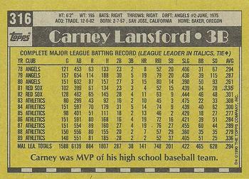 1990 Topps #316 Carney Lansford Back