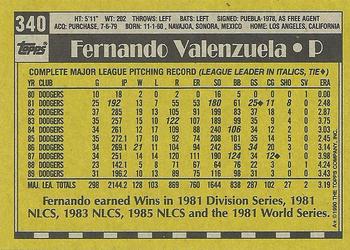 1990 Topps #340 Fernando Valenzuela Back