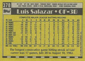 1990 Topps #378 Luis Salazar Back