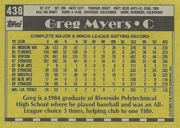 1990 Topps #438 Greg Myers Back