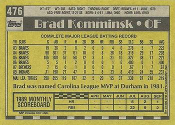 1990 Topps #476 Brad Komminsk Back