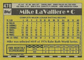 1990 Topps #478 Mike LaValliere Back