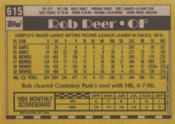 1990 Topps #615 Rob Deer Back
