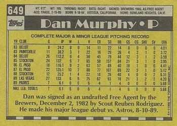 1990 Topps #649 Dan Murphy Back