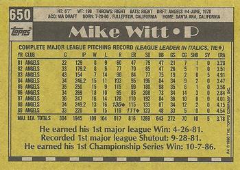 1990 Topps #650 Mike Witt Back