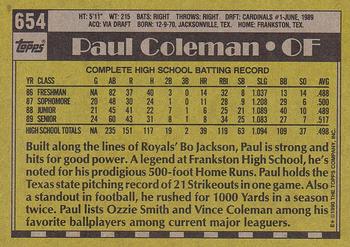 1990 Topps #654 Paul Coleman Back