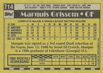 1990 Topps #714 Marquis Grissom Back