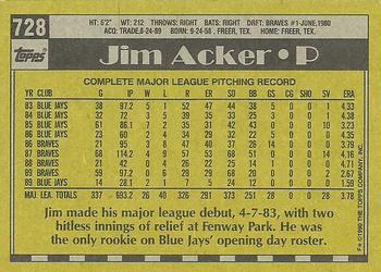1990 Topps #728 Jim Acker Back