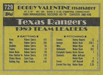 1990 Topps #729 Bobby Valentine Back