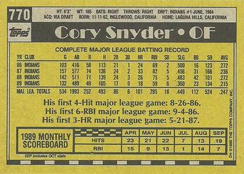 1990 Topps #770 Cory Snyder Back
