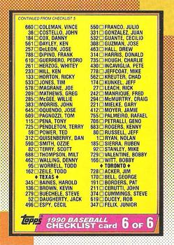 1990 Topps #783 Checklist 6 of 6 Front