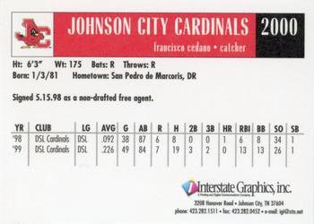 2000 Johnson City Cardinals #NNO Francisco Cedano Back