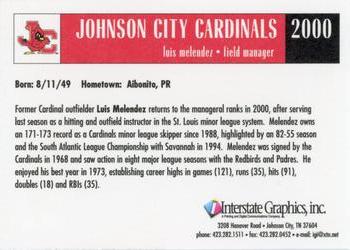 2000 Johnson City Cardinals #NNO Luis Melendez Back