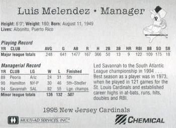 1995 Multi-Ad New Jersey Cardinals #NNO Luis Melendez Back