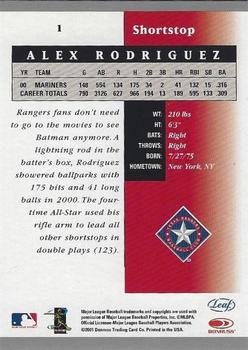 2001 Leaf Certified Materials #1 Alex Rodriguez Back
