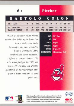2001 Leaf Certified Materials #61 Bartolo Colon Back