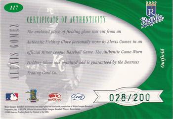 2001 Leaf Certified Materials #117 Alexis Gomez Back