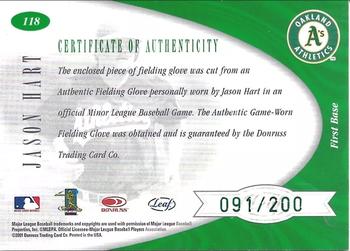 2001 Leaf Certified Materials #118 Jason Hart Back