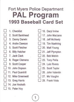1993 Fort Myers PAL Boston Red Sox #1 Red Sox Logo/Checklist Back