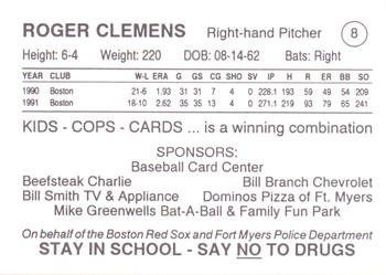 1993 Fort Myers PAL Boston Red Sox #8 Roger Clemens Back