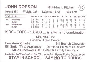 1993 Fort Myers PAL Boston Red Sox #10 John Dopson Back