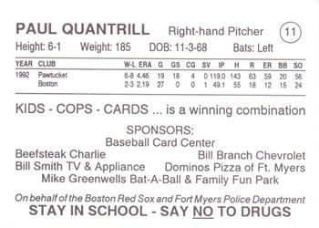 1993 Fort Myers PAL Boston Red Sox #11 Paul Quantrill Back
