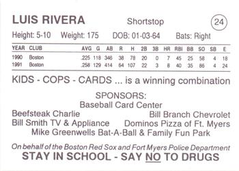 1993 Fort Myers PAL Boston Red Sox #24 Luis Rivera Back