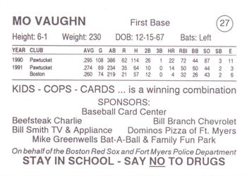 1993 Fort Myers PAL Boston Red Sox #27 Mo Vaughn Back