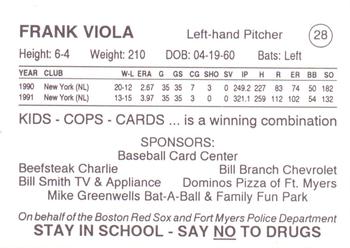 1993 Fort Myers PAL Boston Red Sox #28 Frank Viola Back
