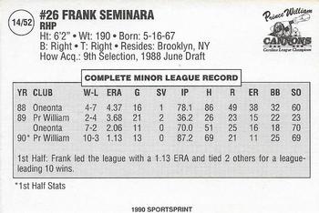 1990 SportsPrint Carolina League All-Stars #14 Frank Seminara Back