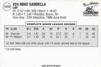 1990 SportsPrint Carolina League All-Stars #15 Mike Gardella Back
