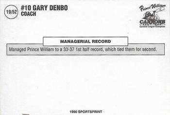 1990 SportsPrint Carolina League All-Stars #19 Gary Denbo Back