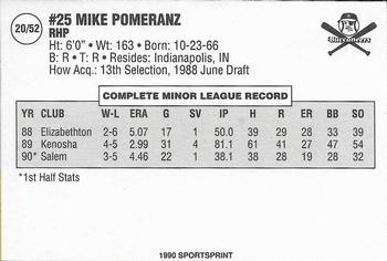 1990 SportsPrint Carolina League All-Stars #20 Mike Pomeranz Back