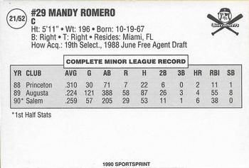 1990 SportsPrint Carolina League All-Stars #21 Mandy Romero Back
