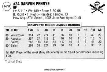 1990 SportsPrint Carolina League All-Stars #24 Darwin Pennye Back