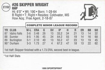 1990 SportsPrint Carolina League All-Stars #27 Skipper Wright Back