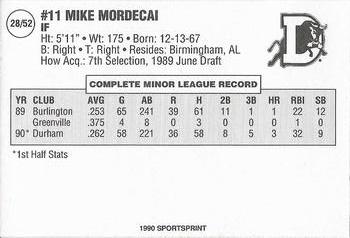 1990 SportsPrint Carolina League All-Stars #28 Mike Mordecai Back